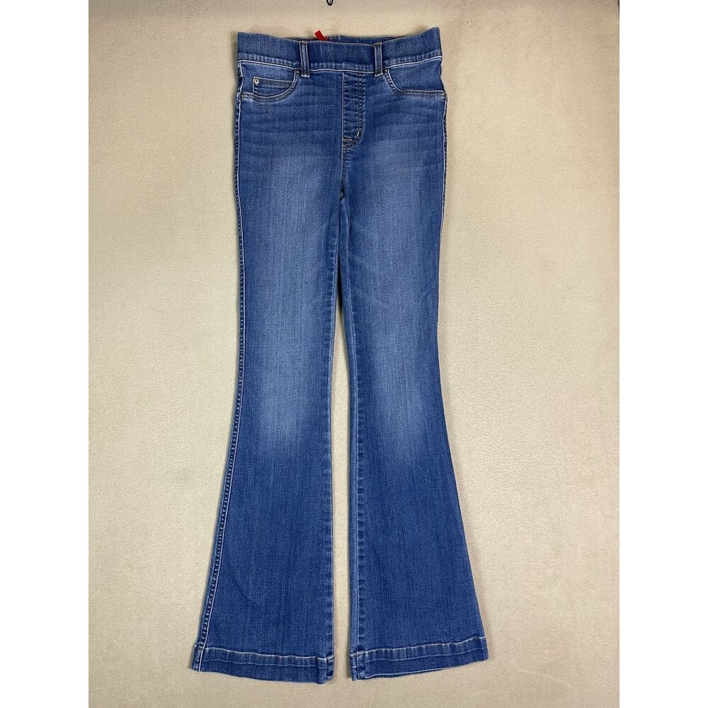 Spanx Jeans Womens S Blue Flare Pull On Mid Rise Stretch Regular Fit Denim